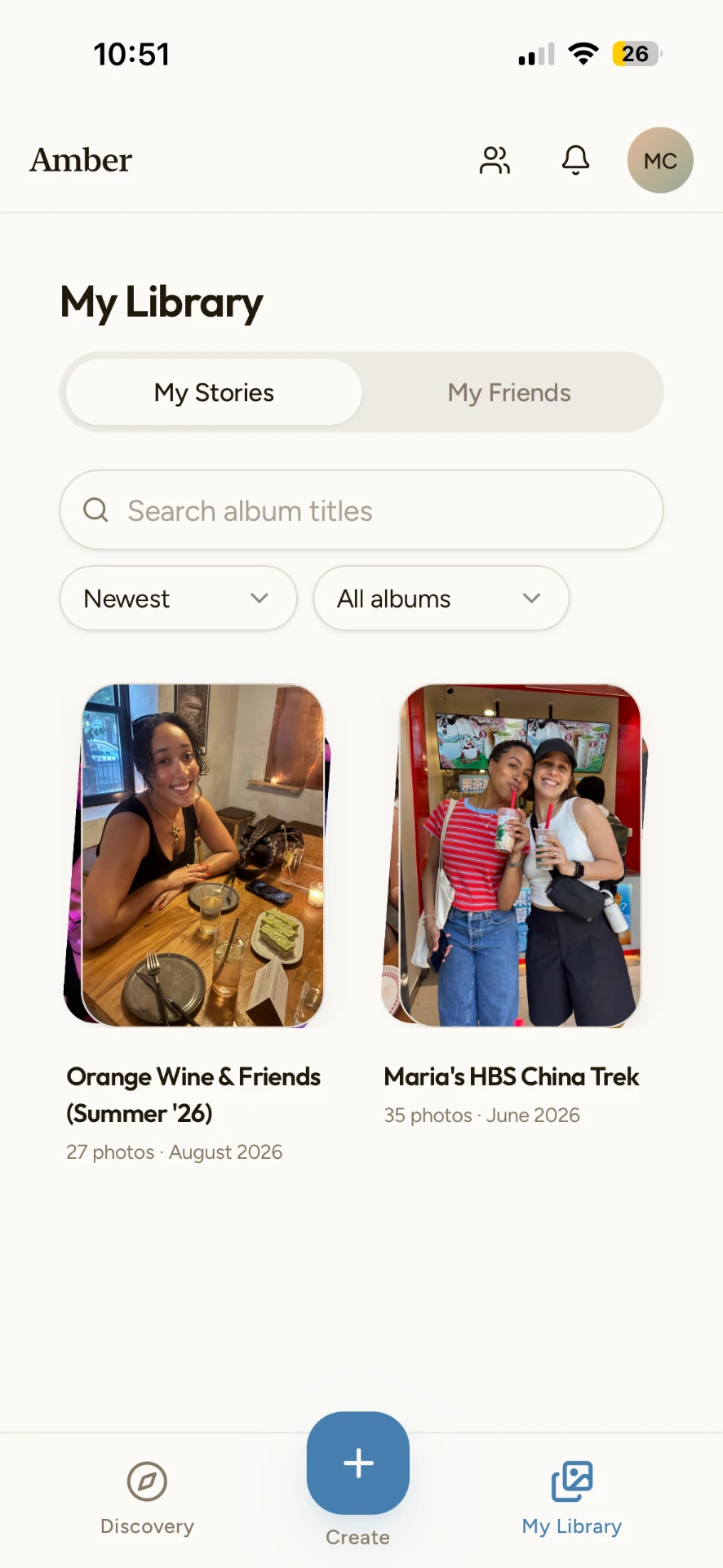 Amber My Library page showing photo albums